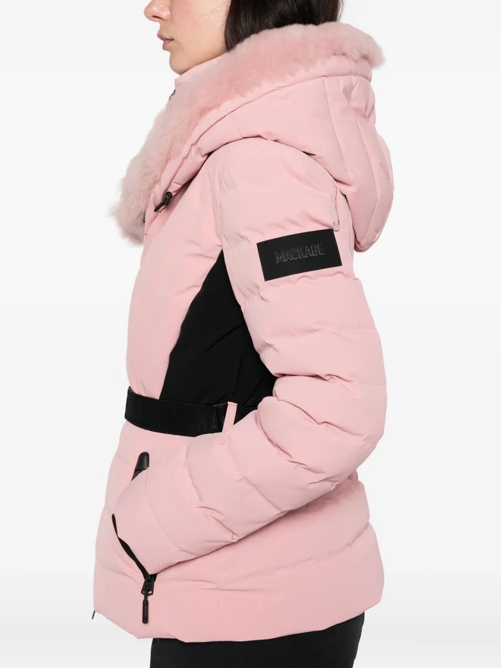 Mackage Elita-shr Fur Belted Ski Jacket In Pink