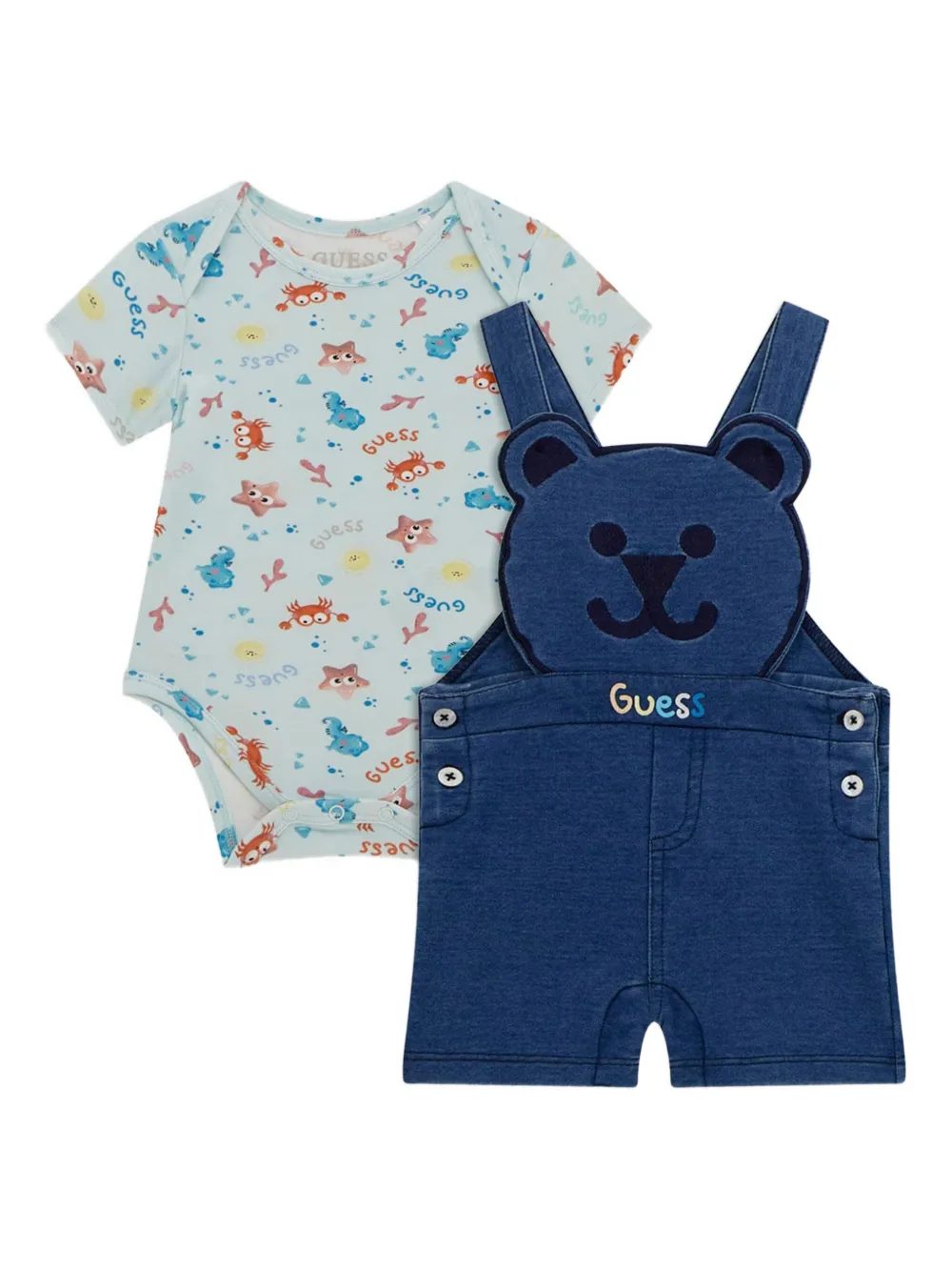 Guess kids bear-appliqué denim dungarees set Blauw