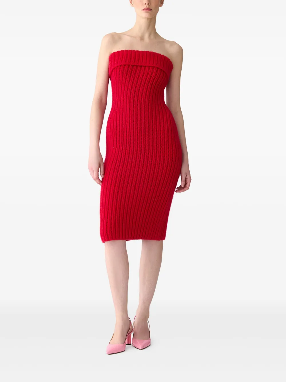 Carolina Herrera Ribgebreide midi-jurk Rood