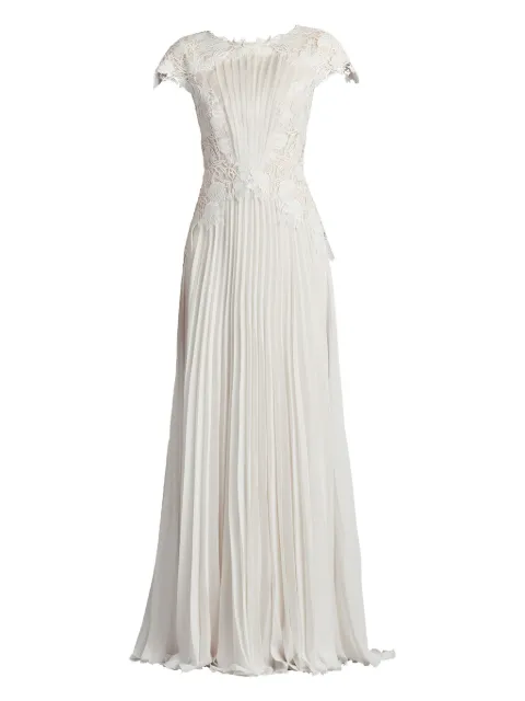 Tadashi Shoji pleated lace-embellished gown