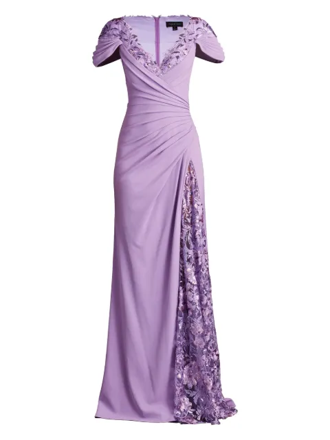Tadashi Shoji Sunas flower-embellished draped gown