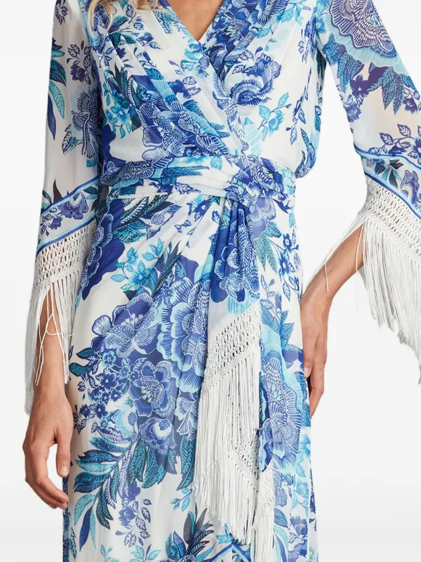 SALE★TADASHI SHOJI Mair 新作パーティードレス/花柄×フリンジ Tadashi Shoji Mair floral-print Wrap Dress | Blue | FARFETCH