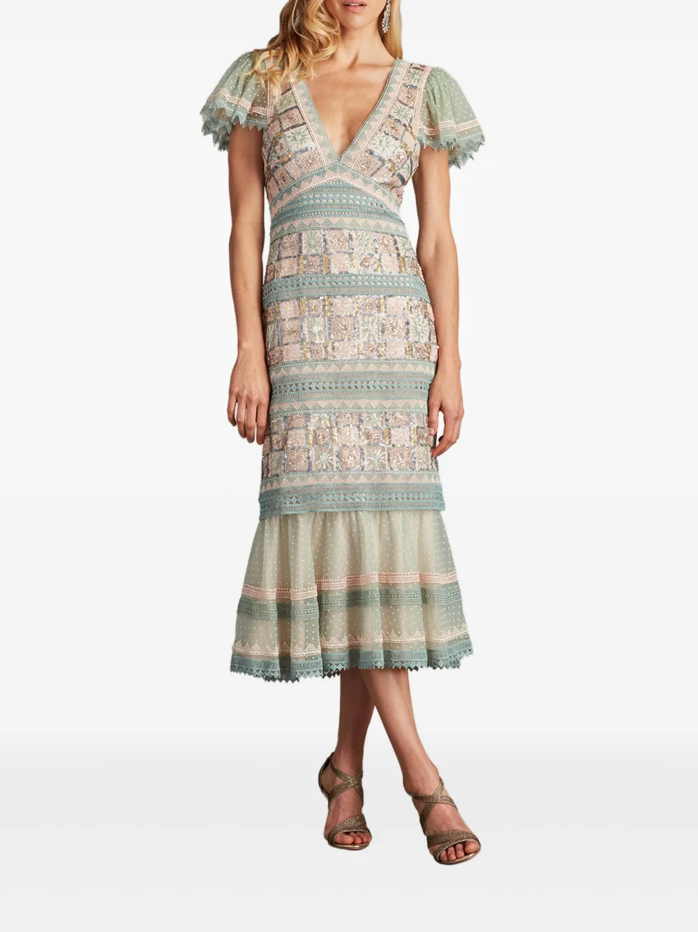 Tadashi Shoji Jurk met V-hals en geborduurde bloemen - Groen