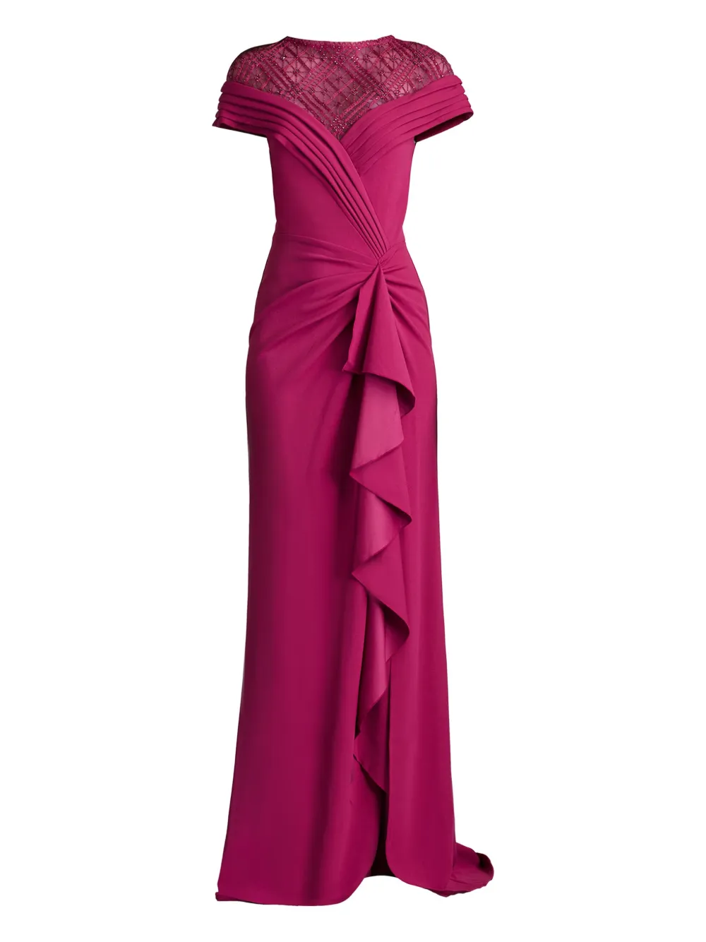 Tadashi Shoji Short Sleeve Gathered Slit Gown In Pink