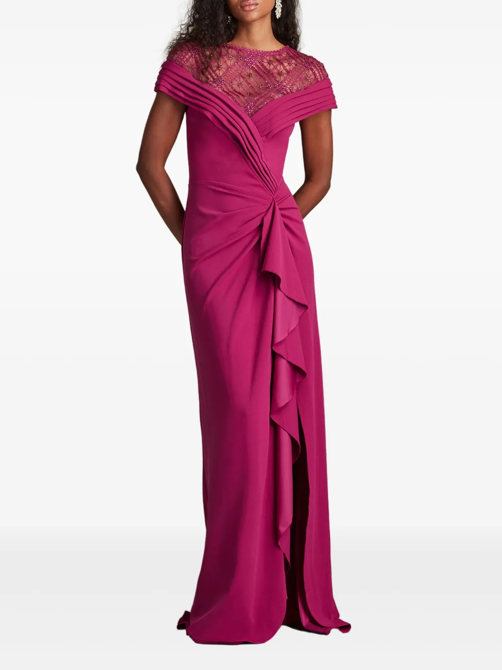 Tadashi Shoji Short Sleeve Gathered Slit Gown In Pink