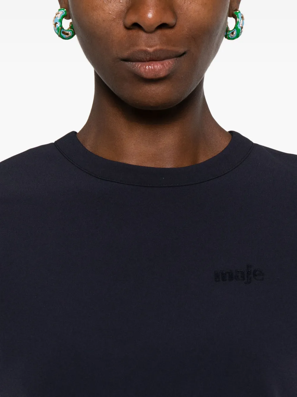 Maje Womens Navy Short Logo-embroidered Stretch-crepe Top In Blue