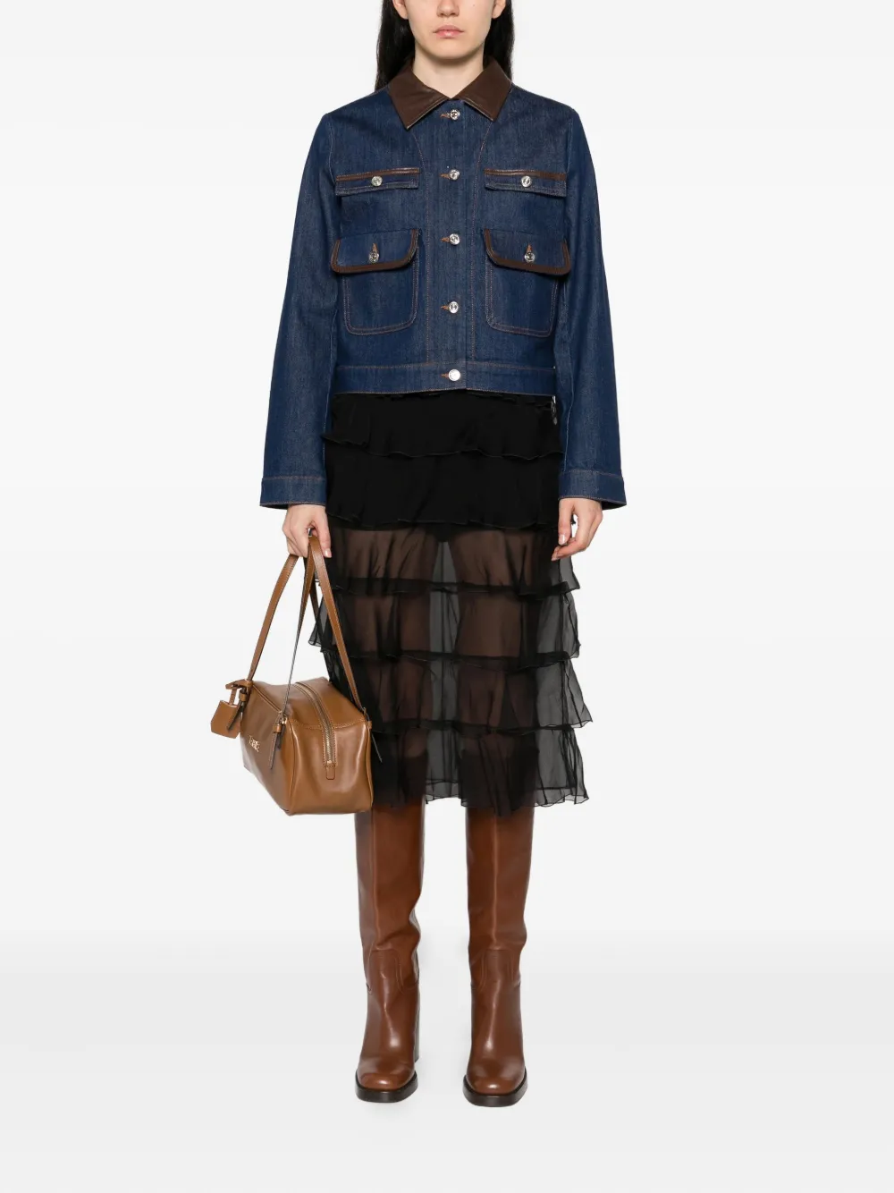Maje Denim jack met leren kraag Blauw