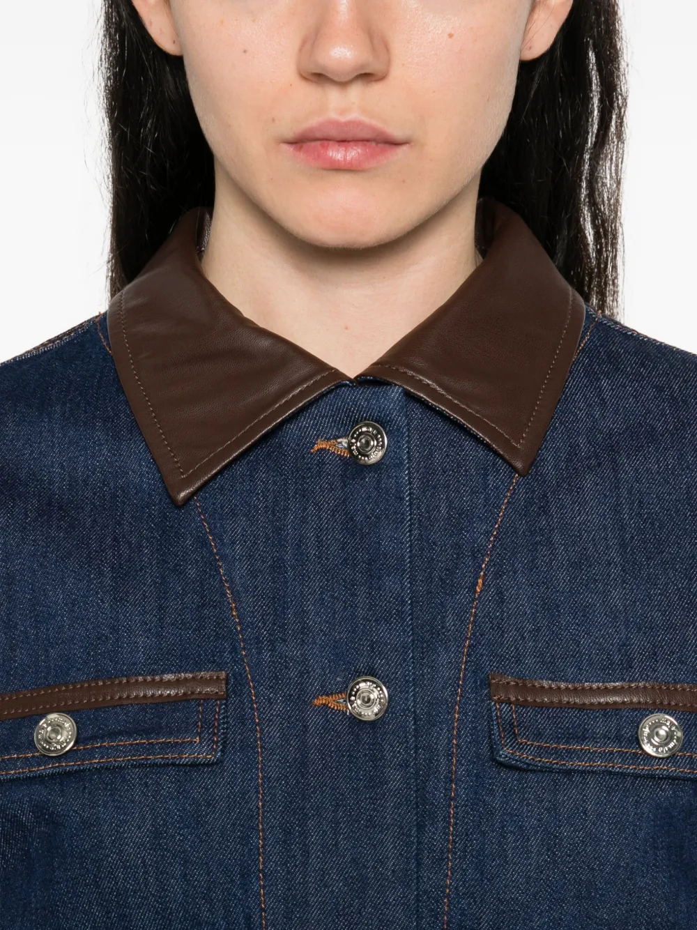 Maje Denim jack met leren kraag Blauw
