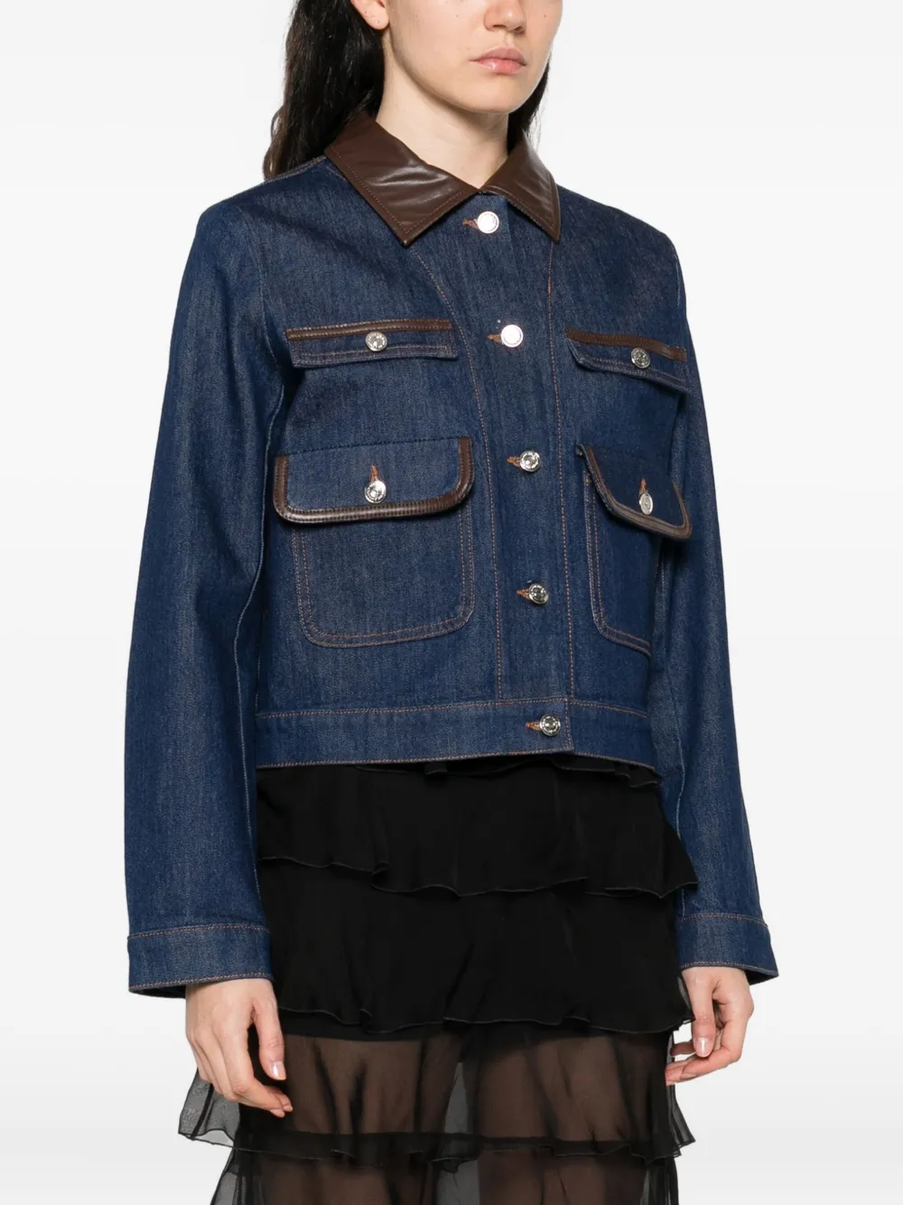 Maje Denim jack met leren kraag Blauw