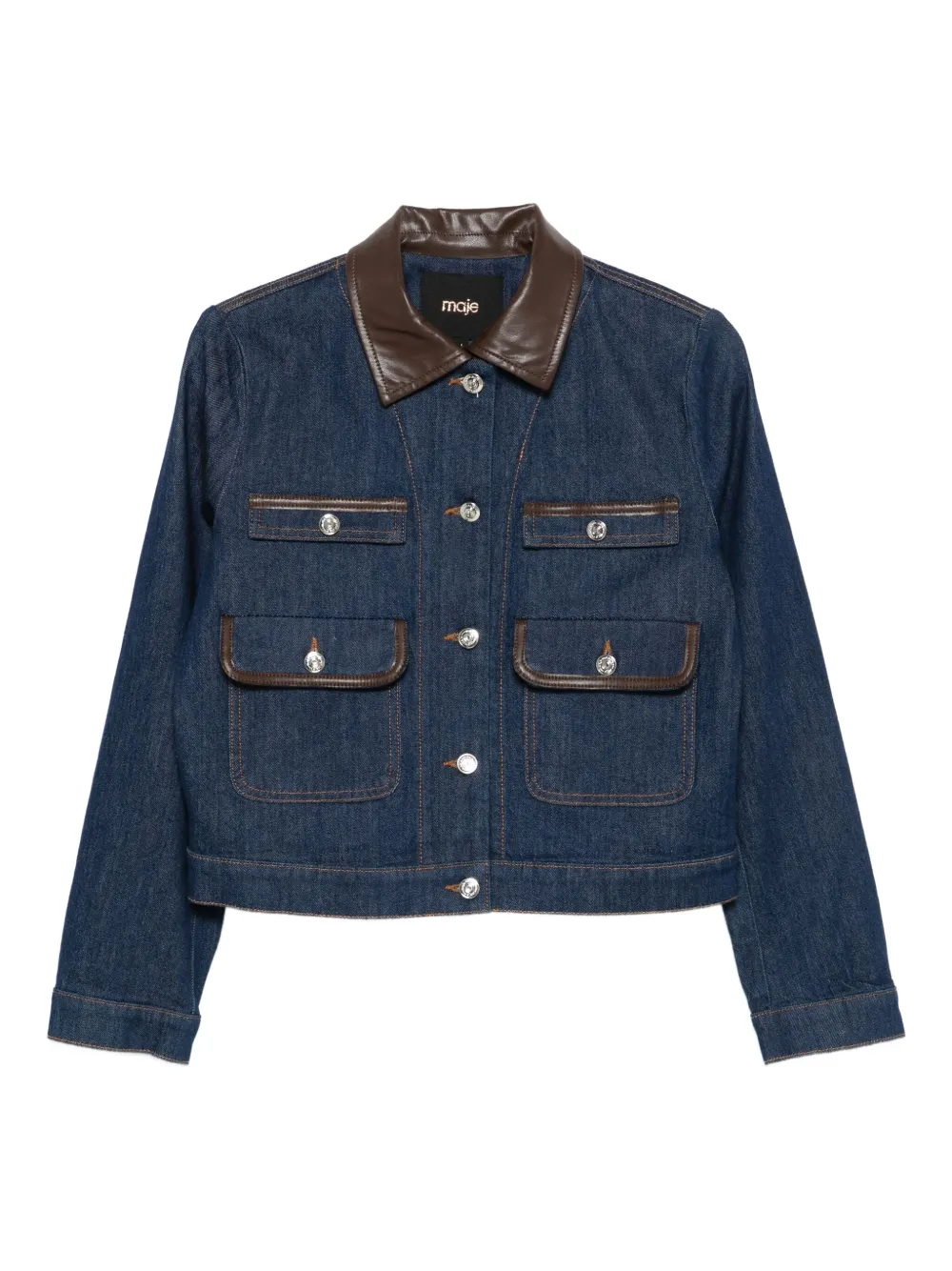 Maje Denim jack met leren kraag Blauw