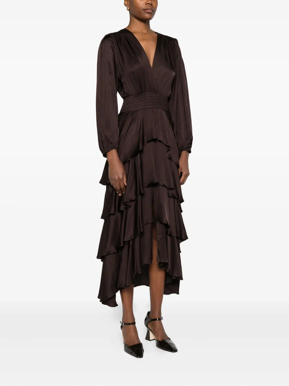 Maje Jurk met ruches en V-hals Bruin