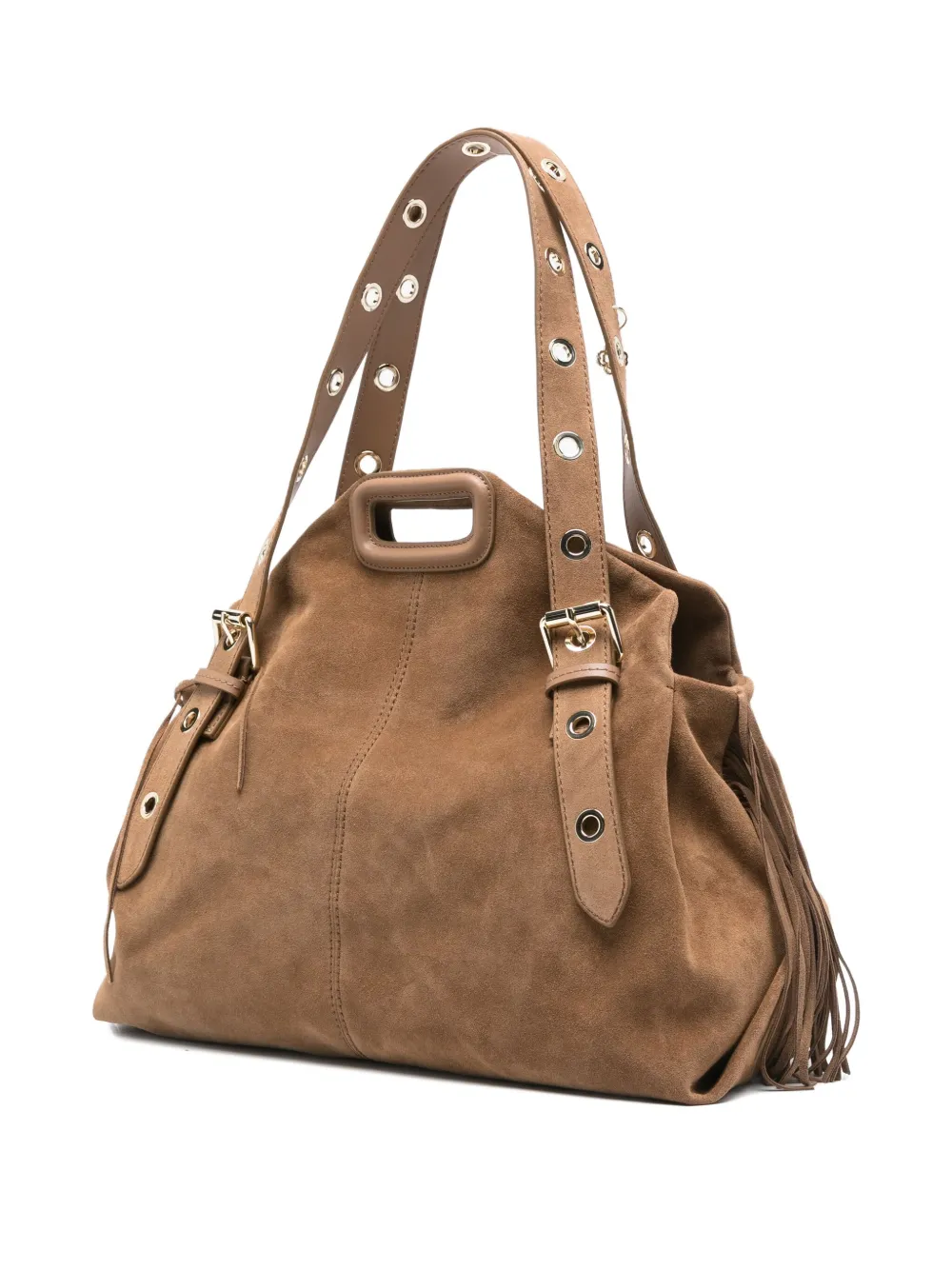 Maje Miss M suède schoudertas met franje Beige
