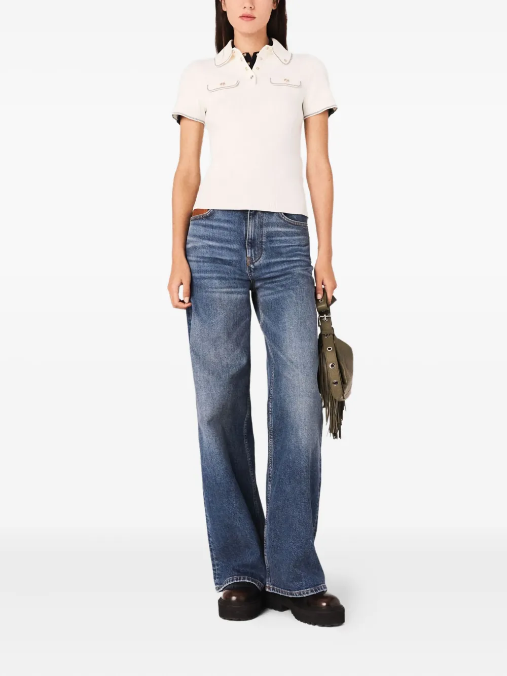 Maje Ribgebreid poloshirt - Wit