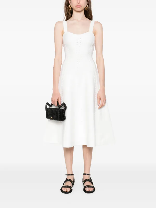 Maje Knitted Midi Dress With Square Neck And Flared Silhouette - White