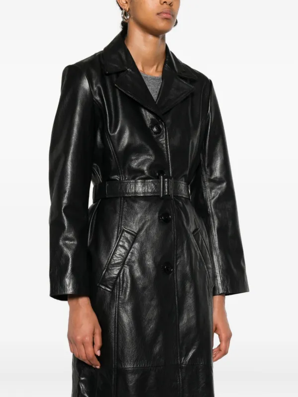 Maje Belted Leather Coat | Black | FARFETCH JO