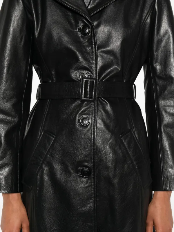 Maje Belted Leather Coat | Black | FARFETCH JO