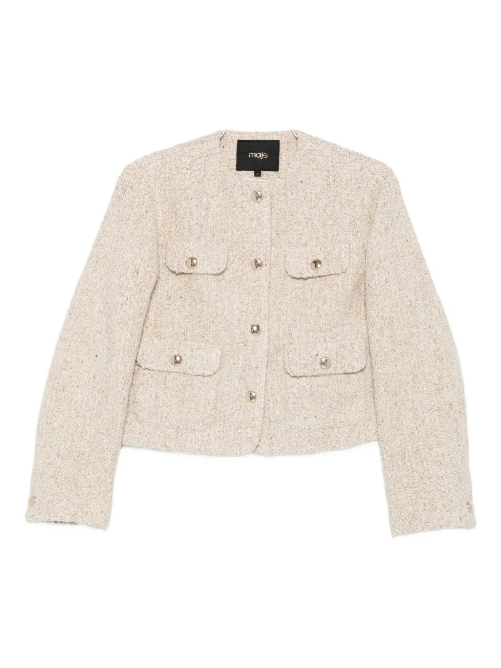 Maje Buttoned-up Cropped Tweed Jacket In Neutral