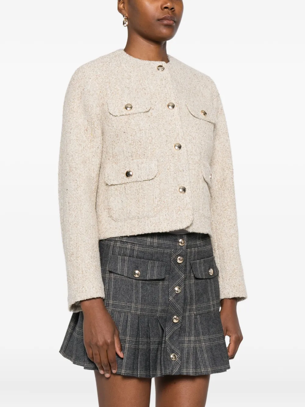 Maje Buttoned-up Cropped Tweed Jacket In Neutral