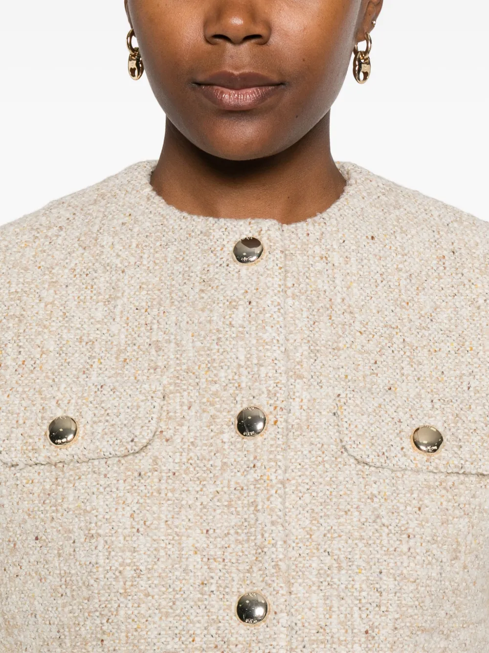 Maje Buttoned-up Cropped Tweed Jacket In Neutral