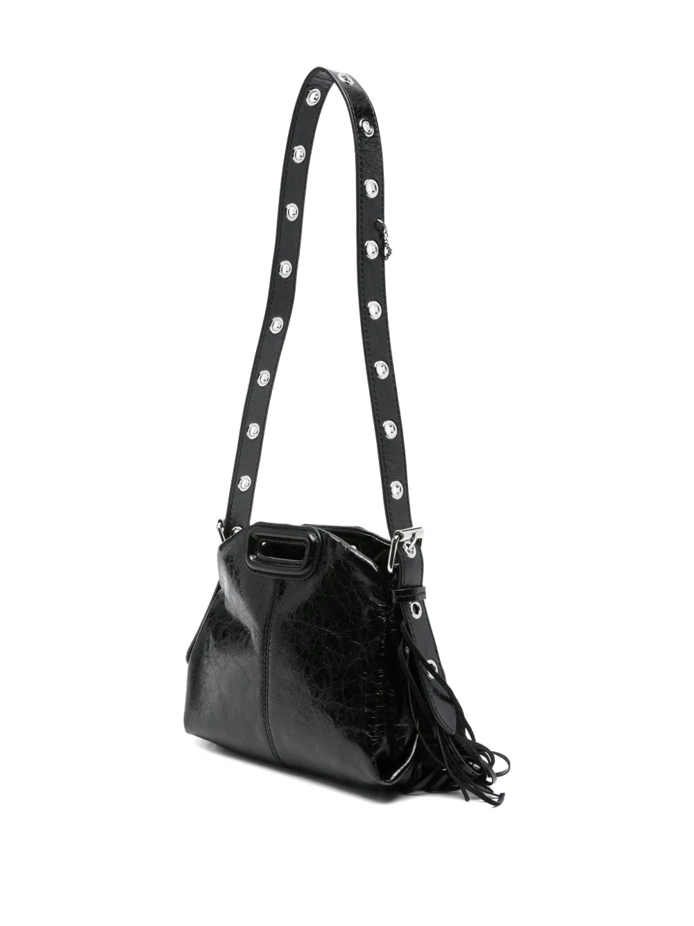 Maje Shopper van gebarsten leer met franje Zwart