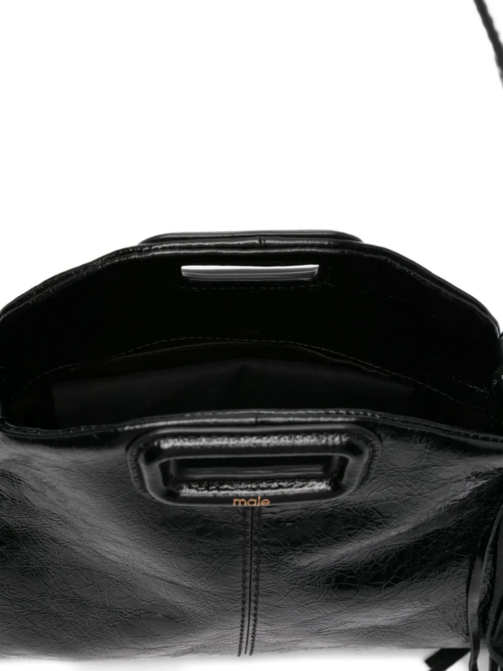 Maje Shopper van gebarsten leer met franje Zwart