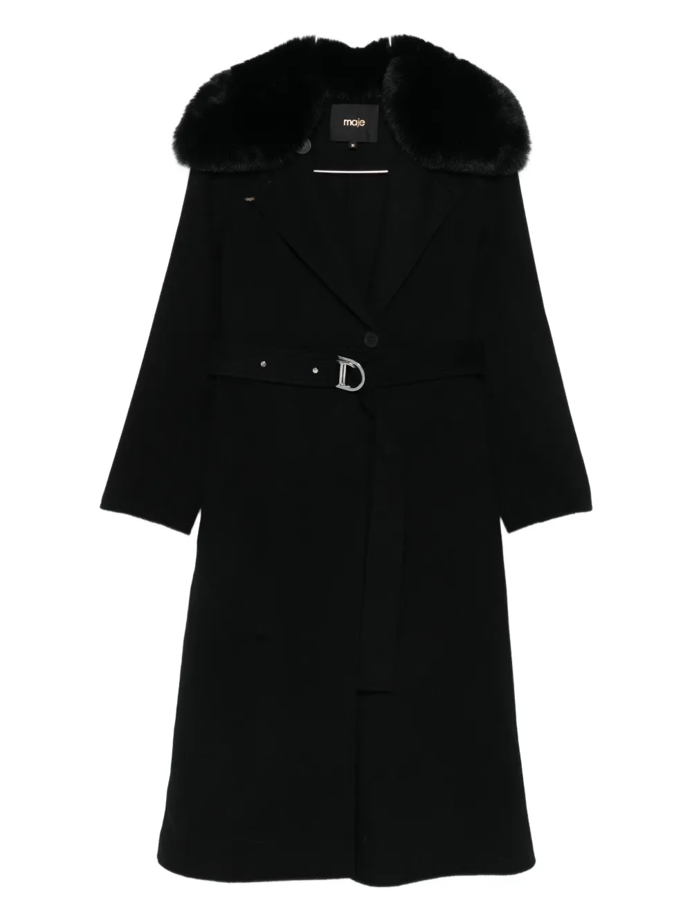 Maje faux-fur-collar belted coat - Nero