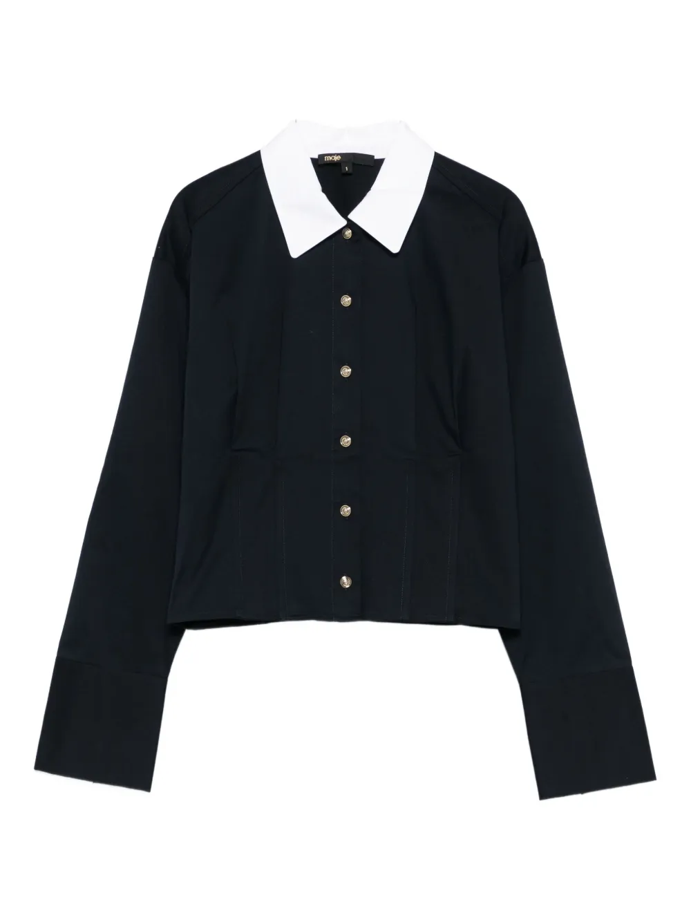 Maje Womens Navy Contrast-collar Cropped Stretch-cotton Poplin Shirt In Blue