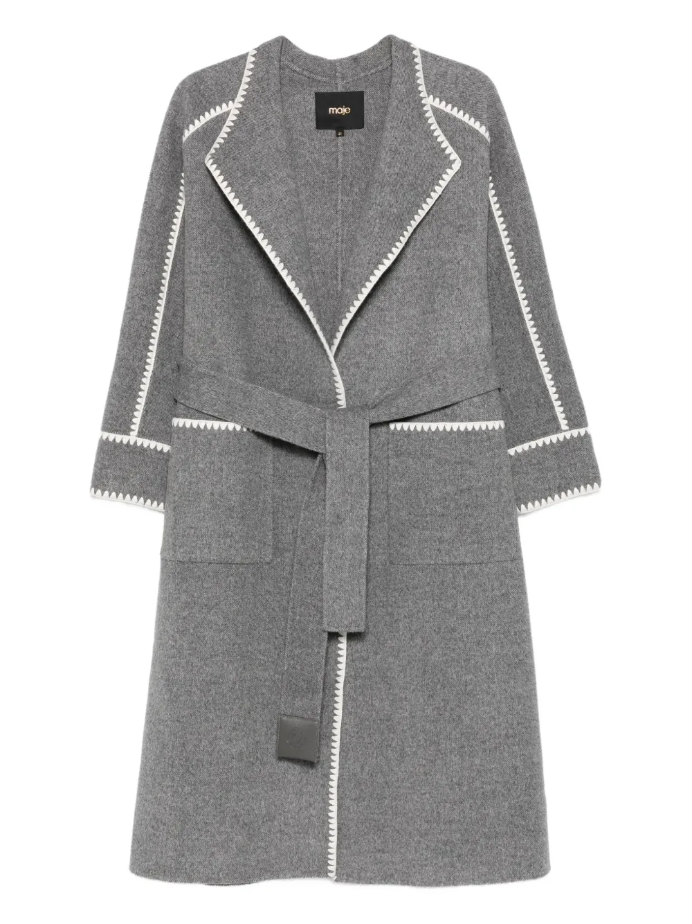Maje embroidered-trimmed belted coat - Grey