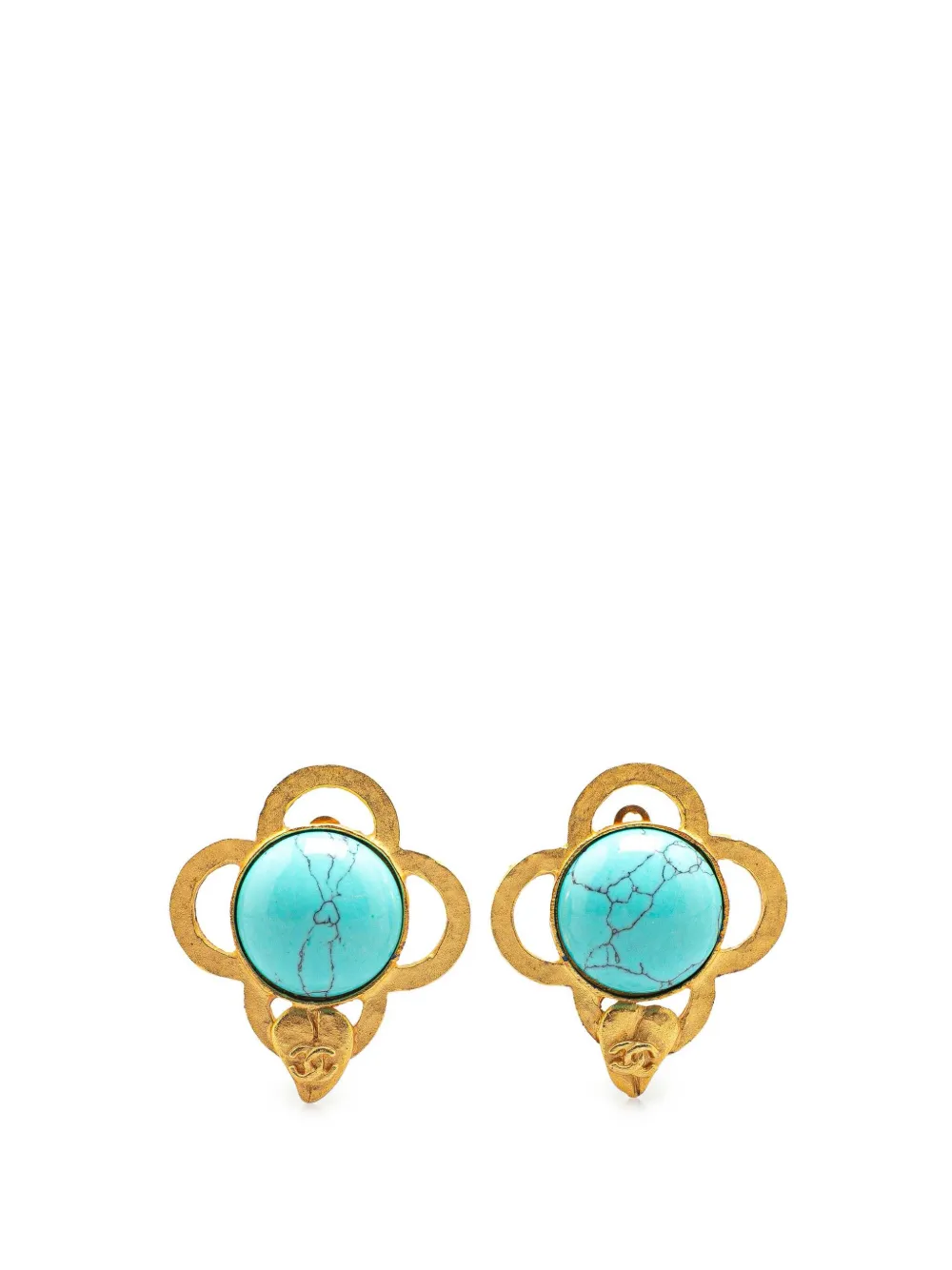 Pre-owned Chanel 1995 Gold Plated Gripoix Clover Clip On Earrings Costume Earrings