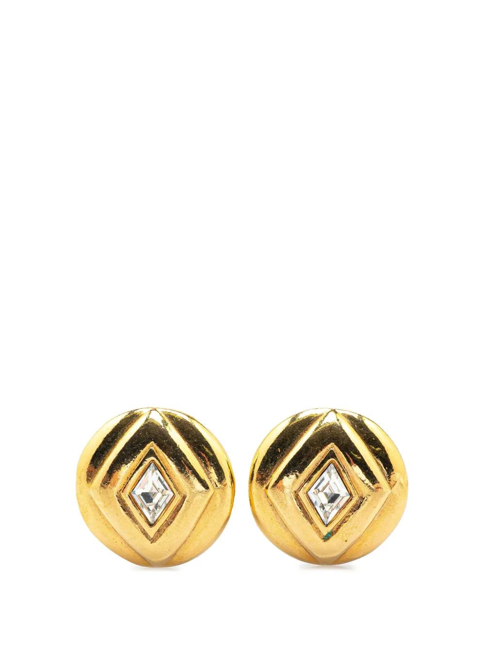 Pre-owned Chanel 20th Century Gold Plated Rhinestones Round Clip On Earrings Costume Earrings