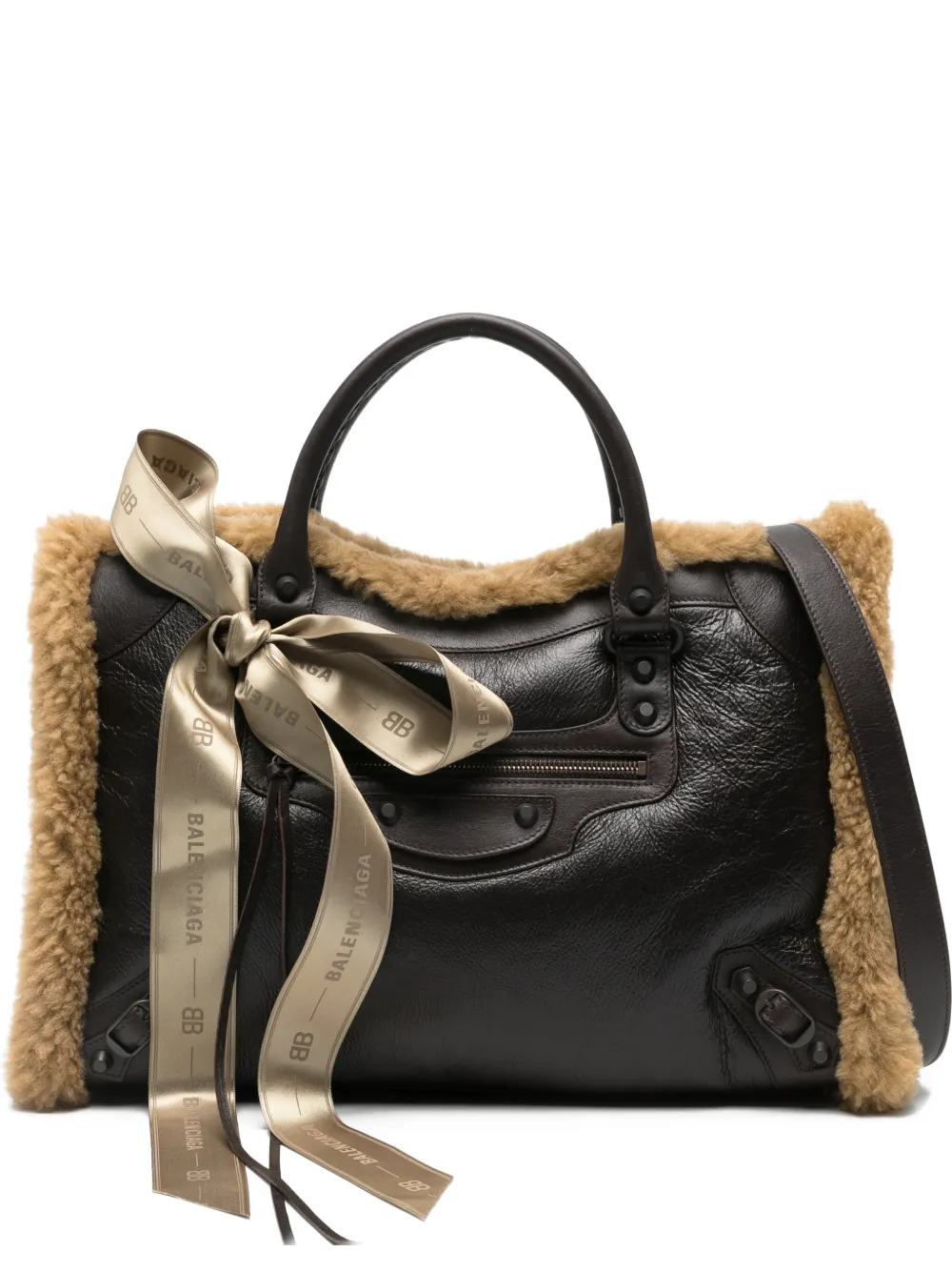 Balenciaga medium Le City shearling-trimmed tote bag - Marrone