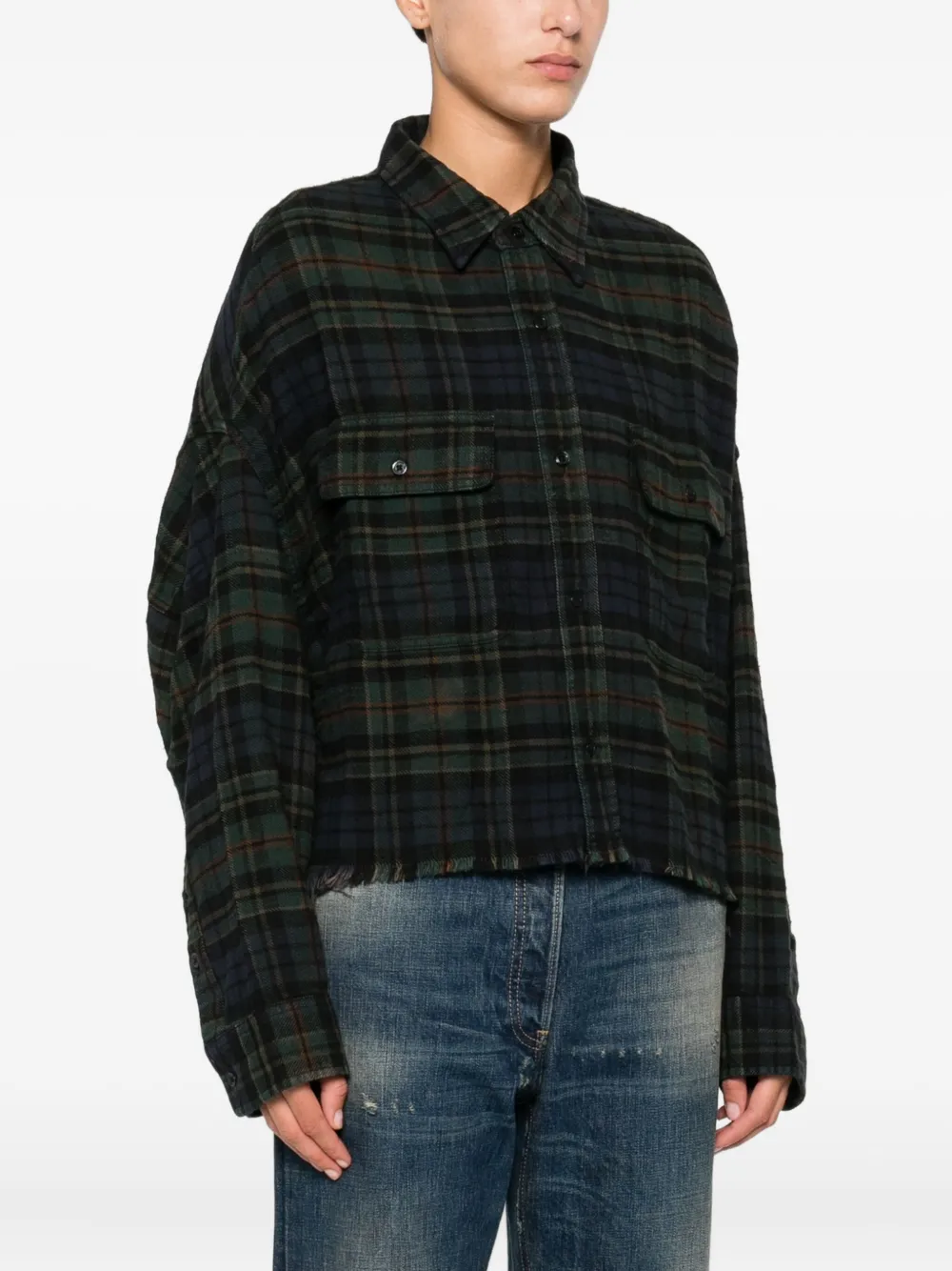 R13 Plaid Crop Button-up Work Shirt In Green