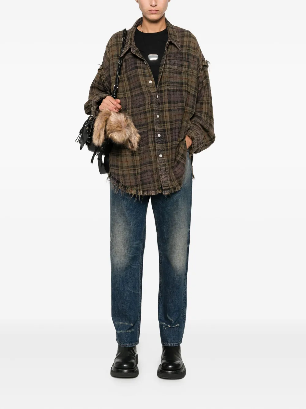 R13 shredded-seam plaid shirt - Groen