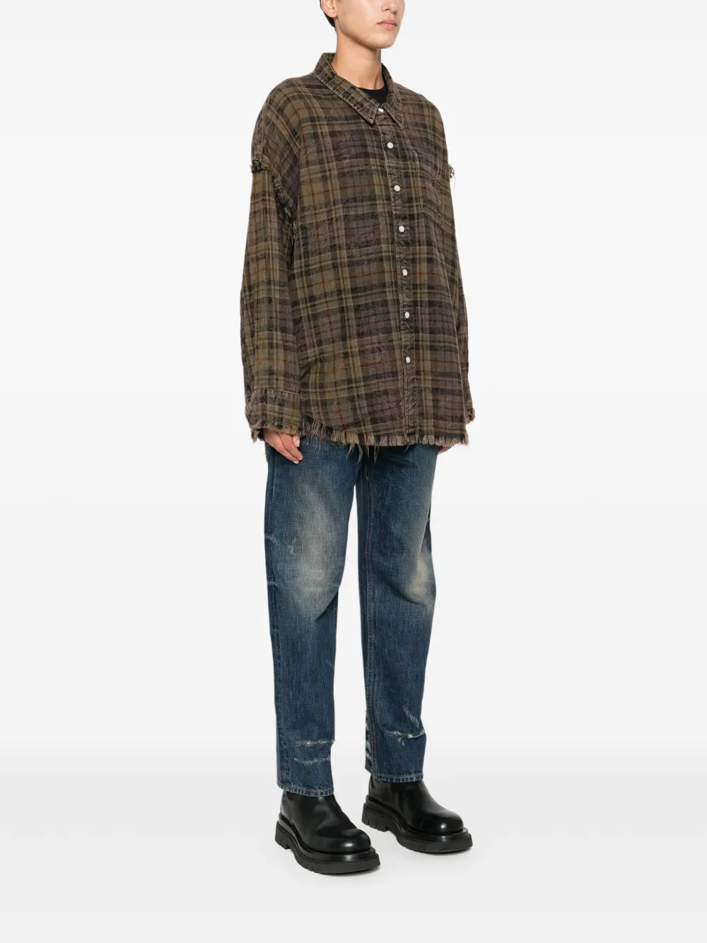 R13 Shredded Seam Drop Neck Plaid Flannel Button-up Shirt In Brown