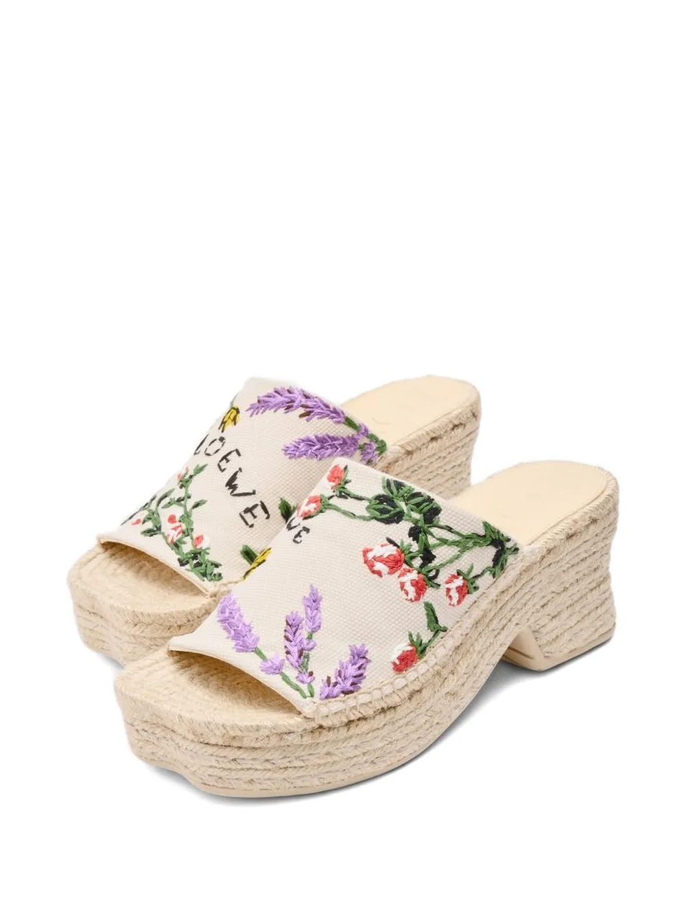 Loewe Petal 80 Espadrille Embroidered Canvas Slides In Neutral