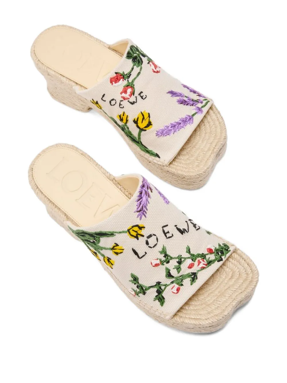 Loewe Petal 80 Espadrille Embroidered Canvas Slides In Neutral