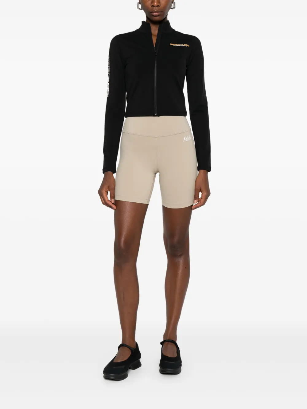 Sporty & Rich SR Runner high waist bikershorts met logoprint Beige