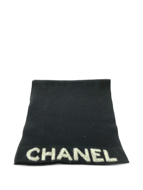 CHANEL Pre-Owned 10s embellish-logo Wool Scarf Black FARFETCH IN