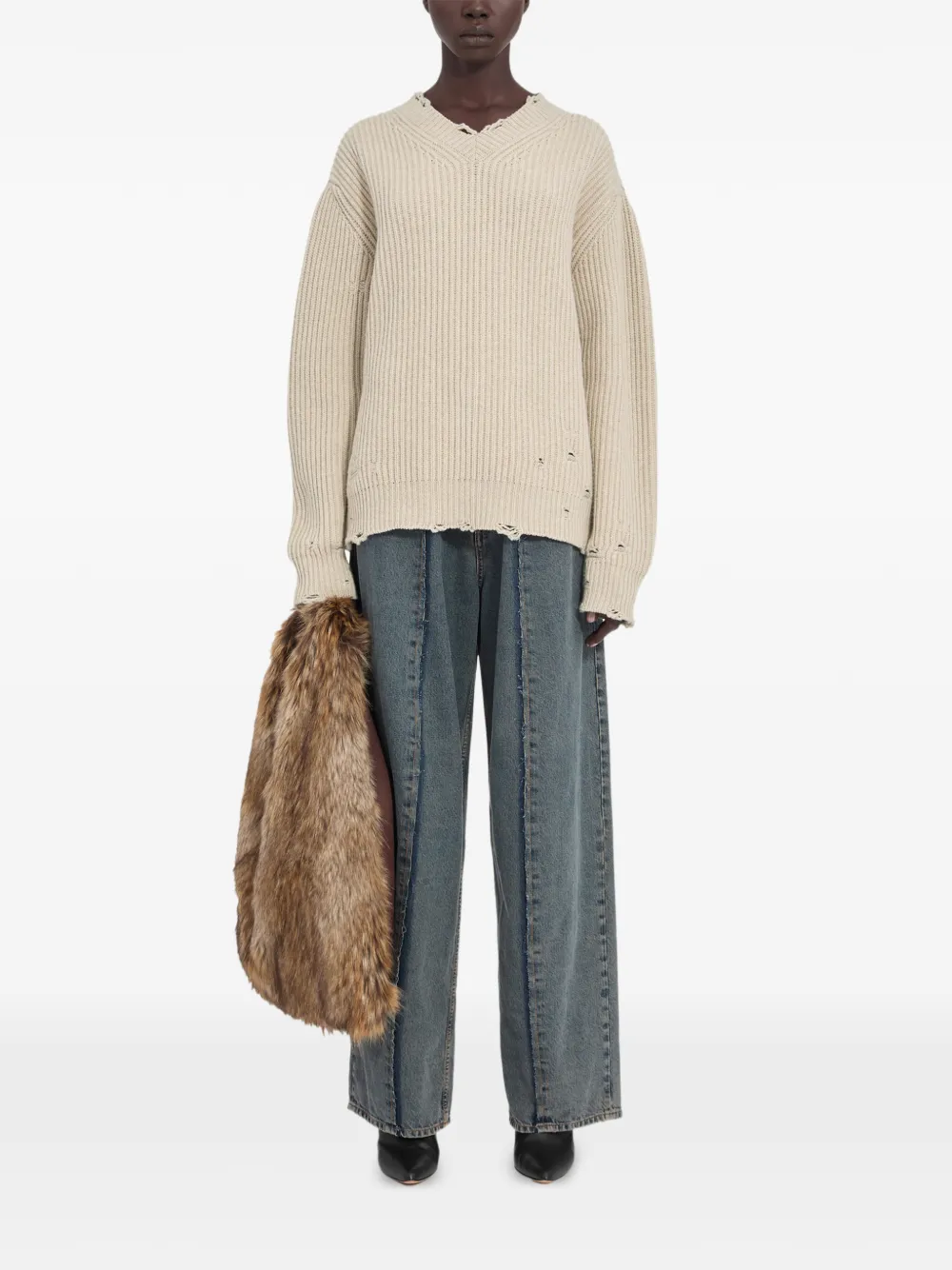 MM6 Maison Margiela distressed ribbed sweater - Toni neutri