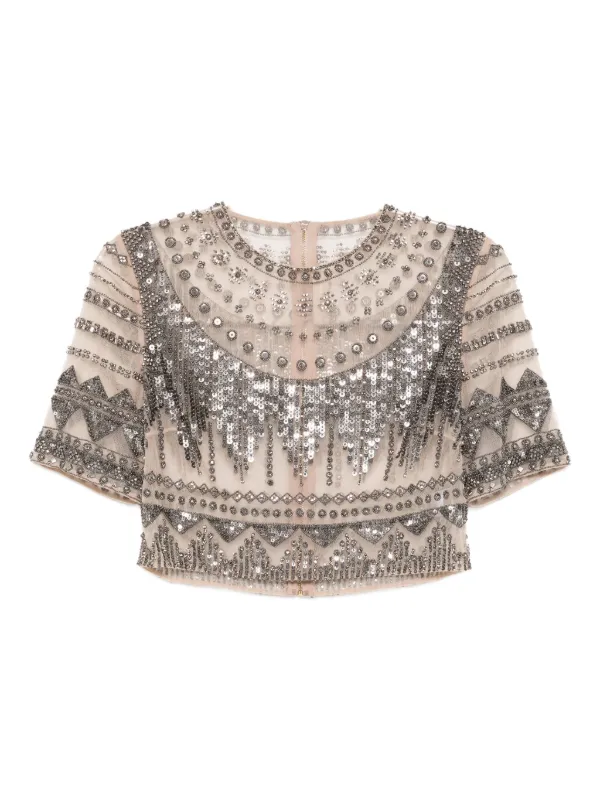 Elie Saab Tulle-art Crop Top in Neutrals