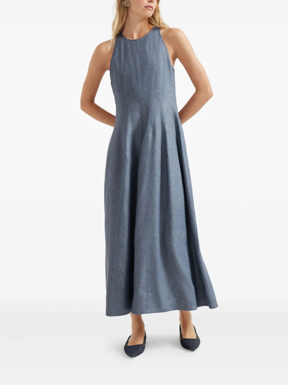 Brunello Cucinelli Linen And Virgin Wool Twill Dress In Blue