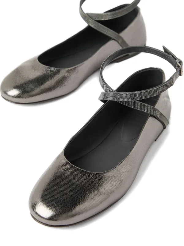 【Brunello Cucinelli】メタリックレザーバレエフラット Brunello Cucinelli メタリック フラットシューズ | メタリック