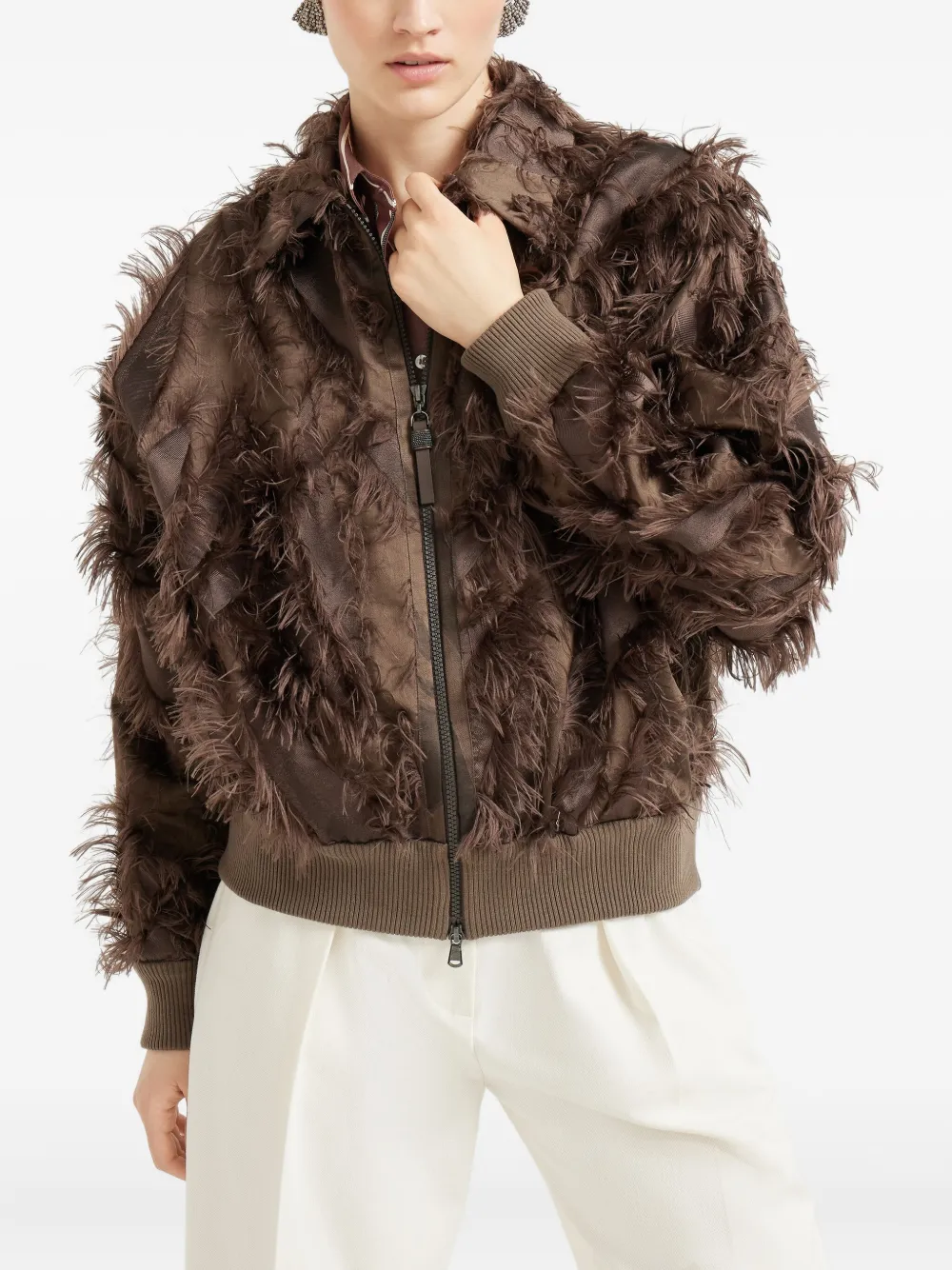 Brunello Cucinelli feather-trimmed bomber jacket Bruin