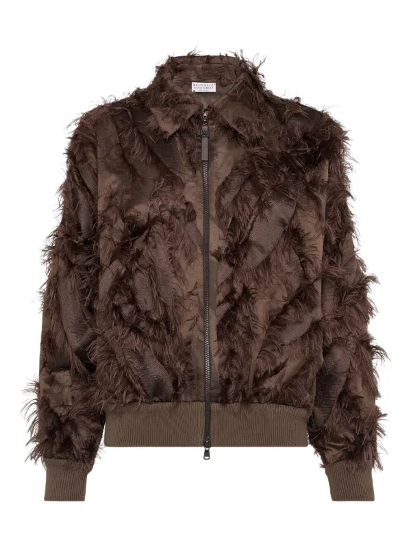 Brunello Cucinelli Feather-trimmed Bomber Jacket in Brown