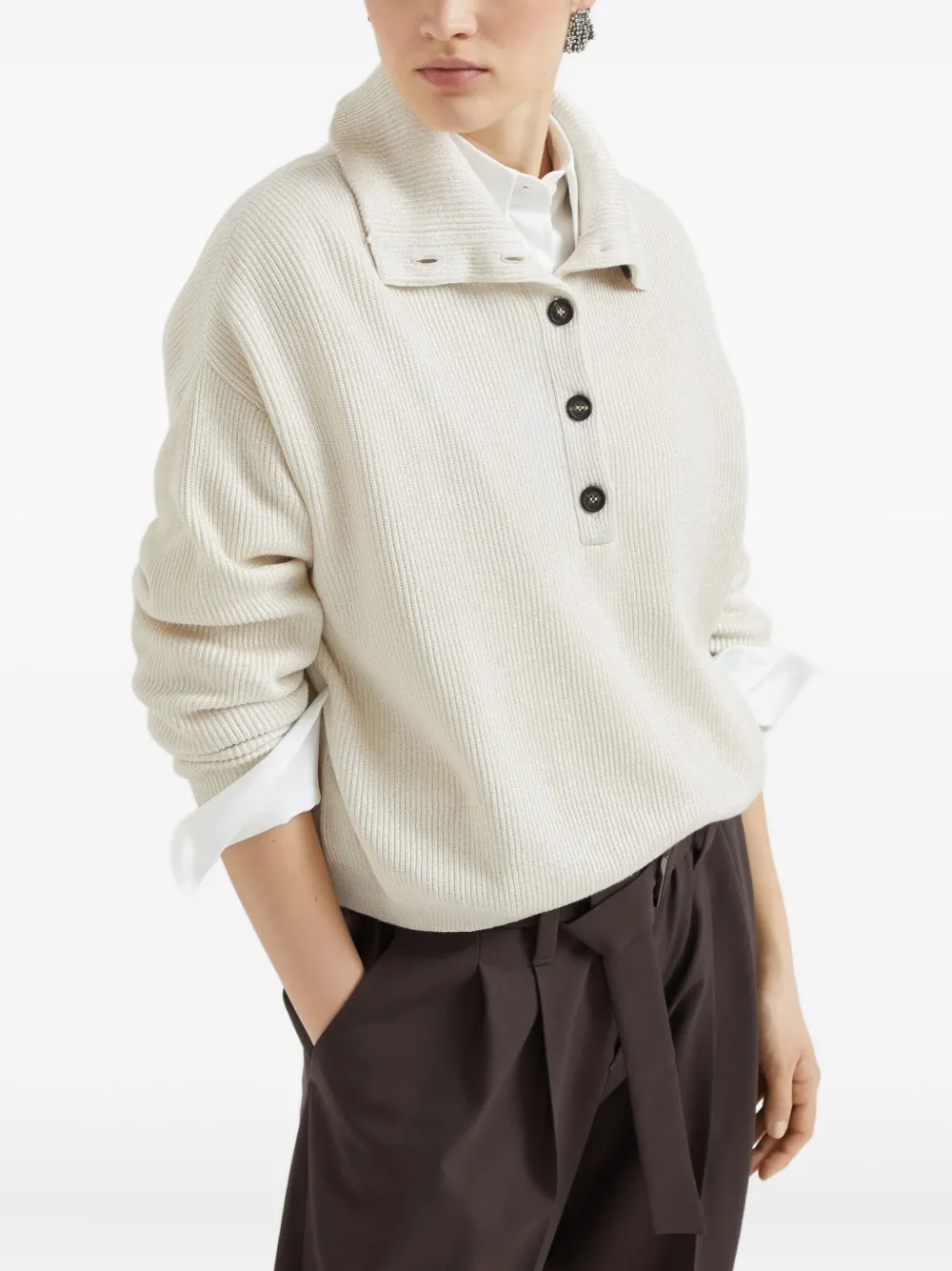 Brunello Cucinelli Women English Rib Cotton Polo-style Jersey With Jewellery