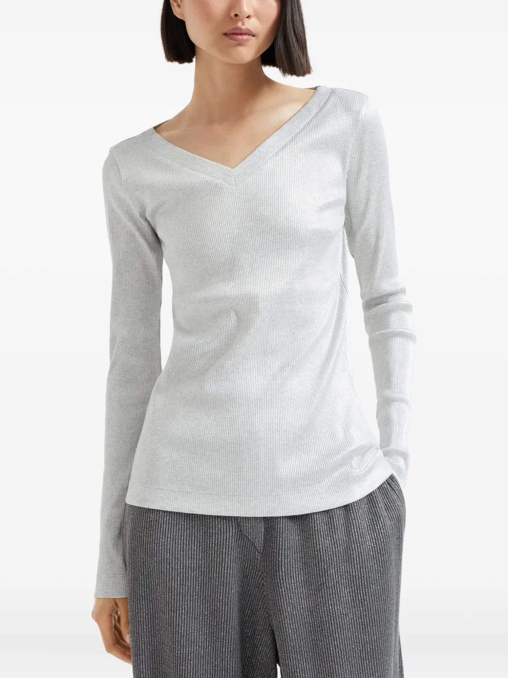 Brunello Cucinelli Fijngeribbeld T-shirt Zilver