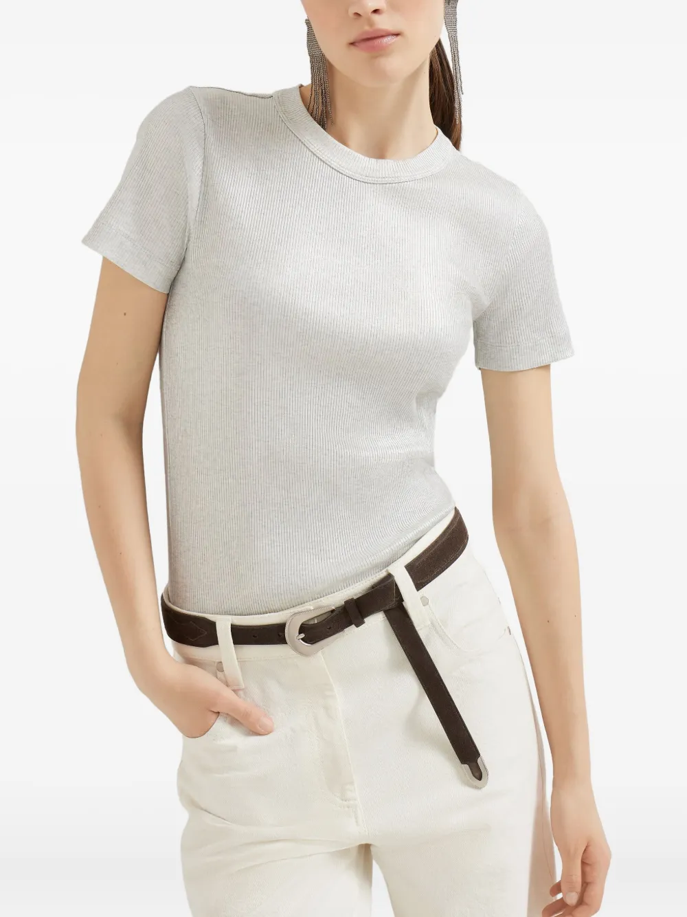Brunello Cucinelli Geribbeld sprankelend T-shirt Zilver
