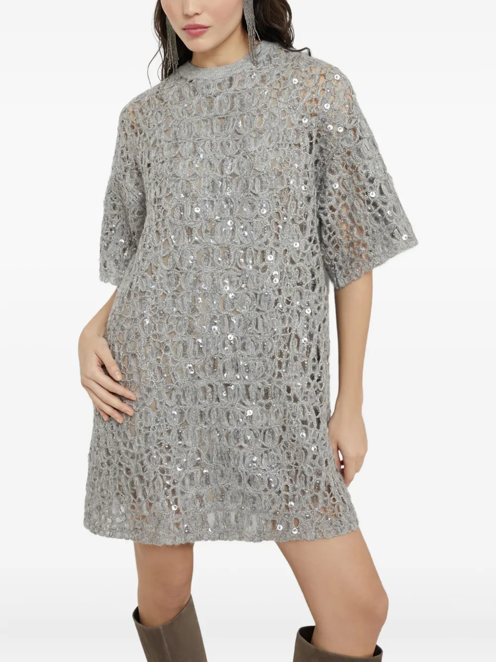 Brunello Cucinelli Sequinned Embroidered Mini Dress In Gray