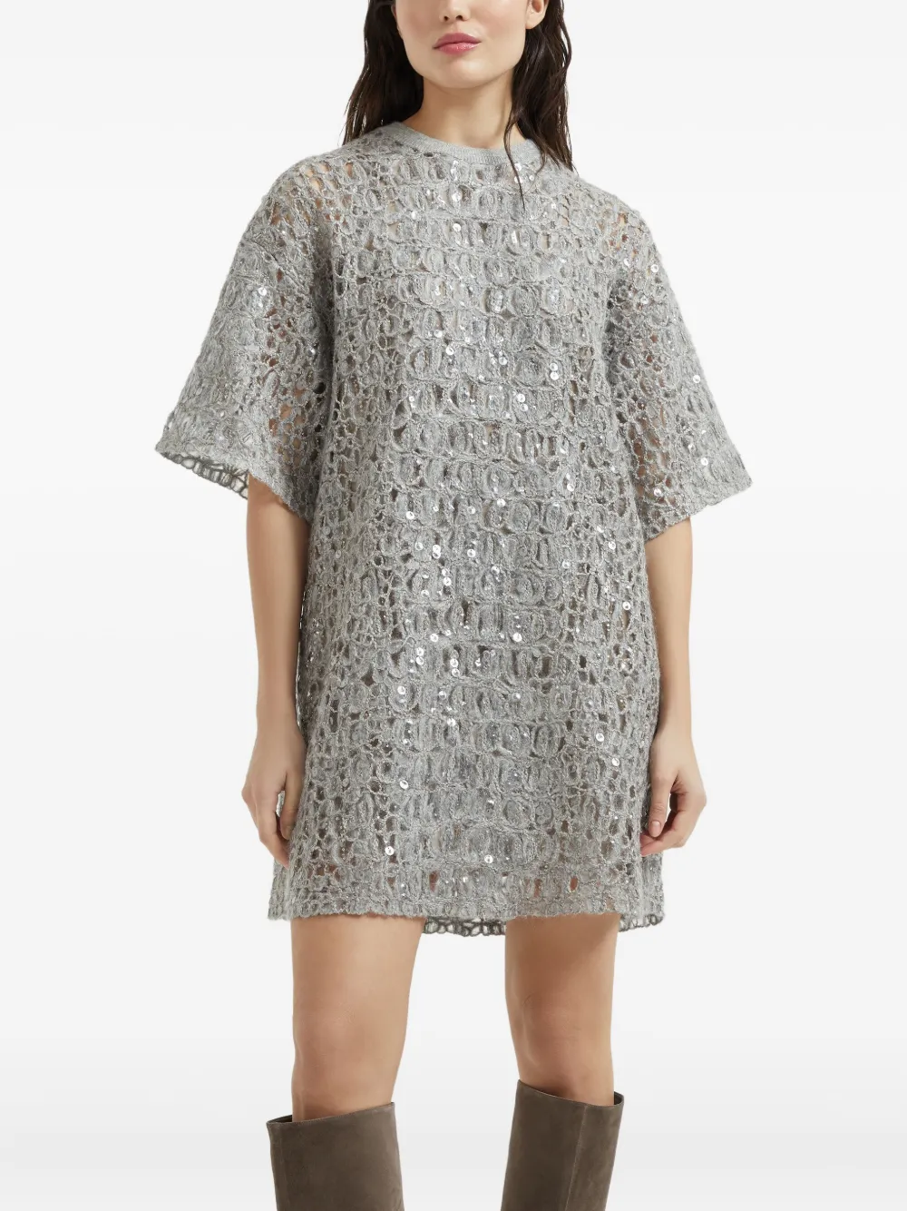 Brunello Cucinelli Sequinned Embroidered Mini Dress In Gray
