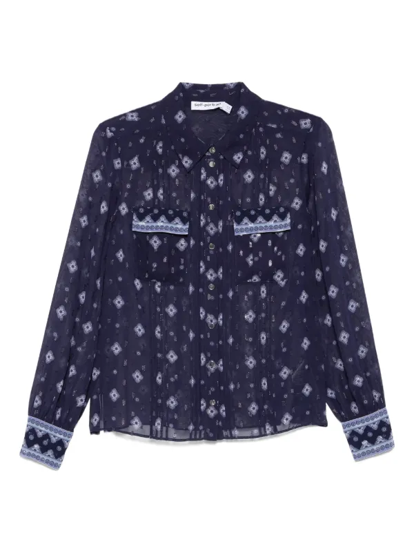 Self-Portrait Printed Chiffon Blouse in Blue